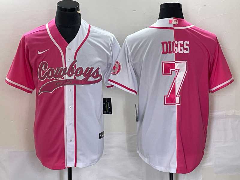 Mens Dallas Cowboys #7 Trevon Diggs Pink White Two Tone With Patch Cool Base Stitched Baseball Jersey->dallas cowboys->NFL Jersey